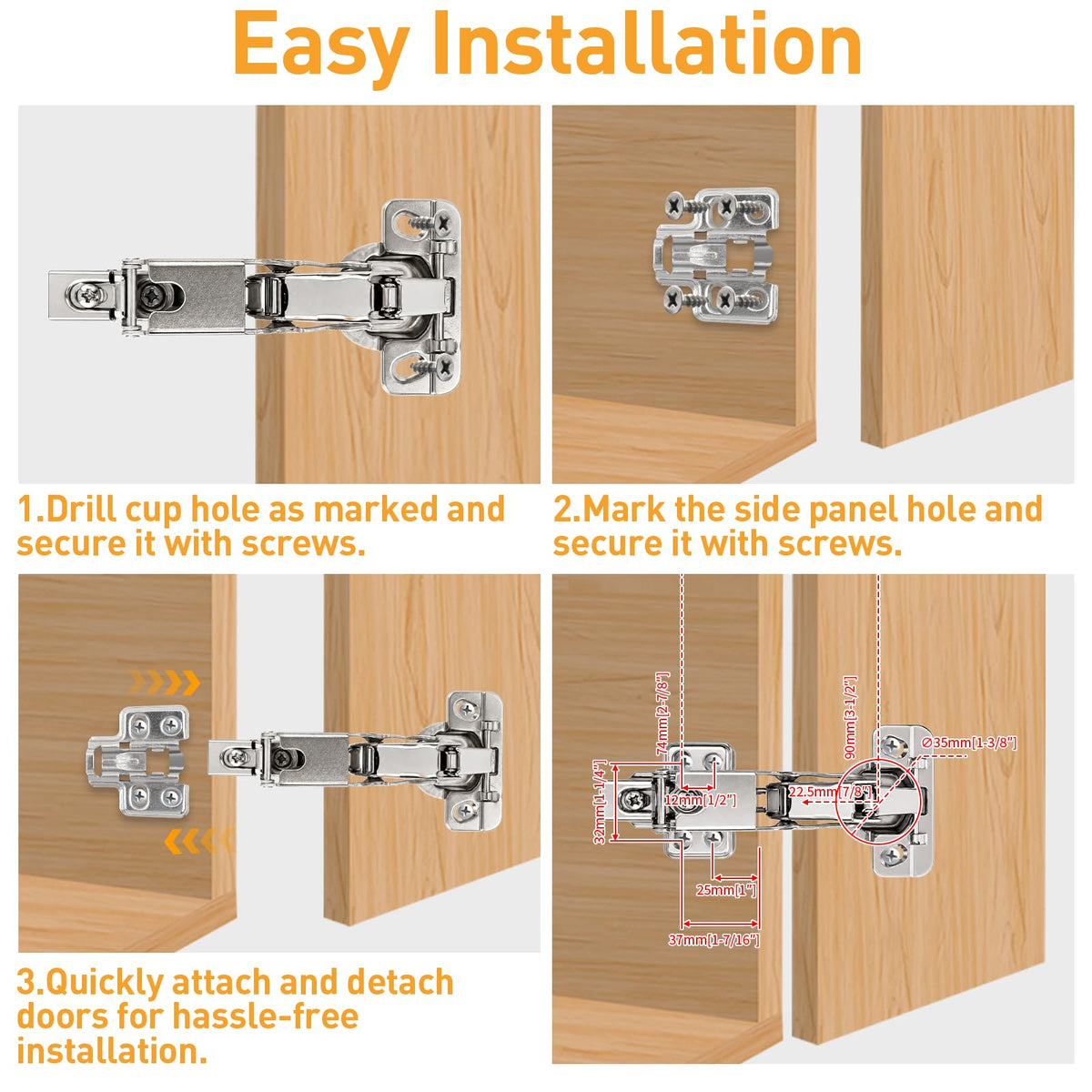 175° Frameless Cabinet Hinge · 45/48mm · Full Overlay · 2 Pair - TamBee