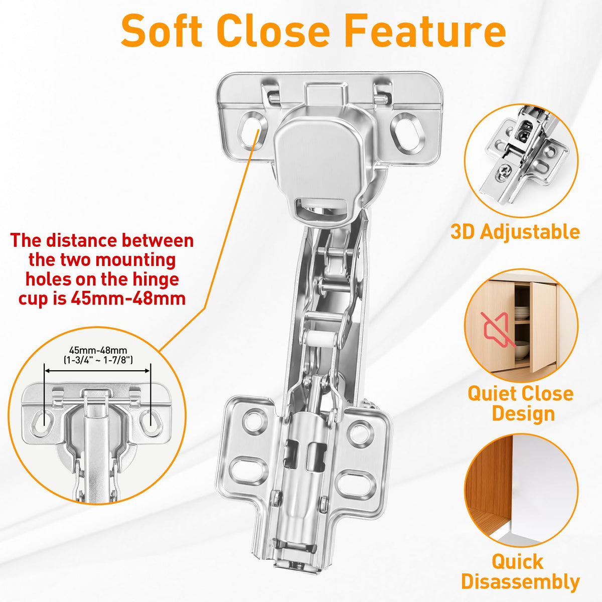175° Frameless Cabinet Hinge · 45/48mm · Full Overlay · 4 Pair - TamBee