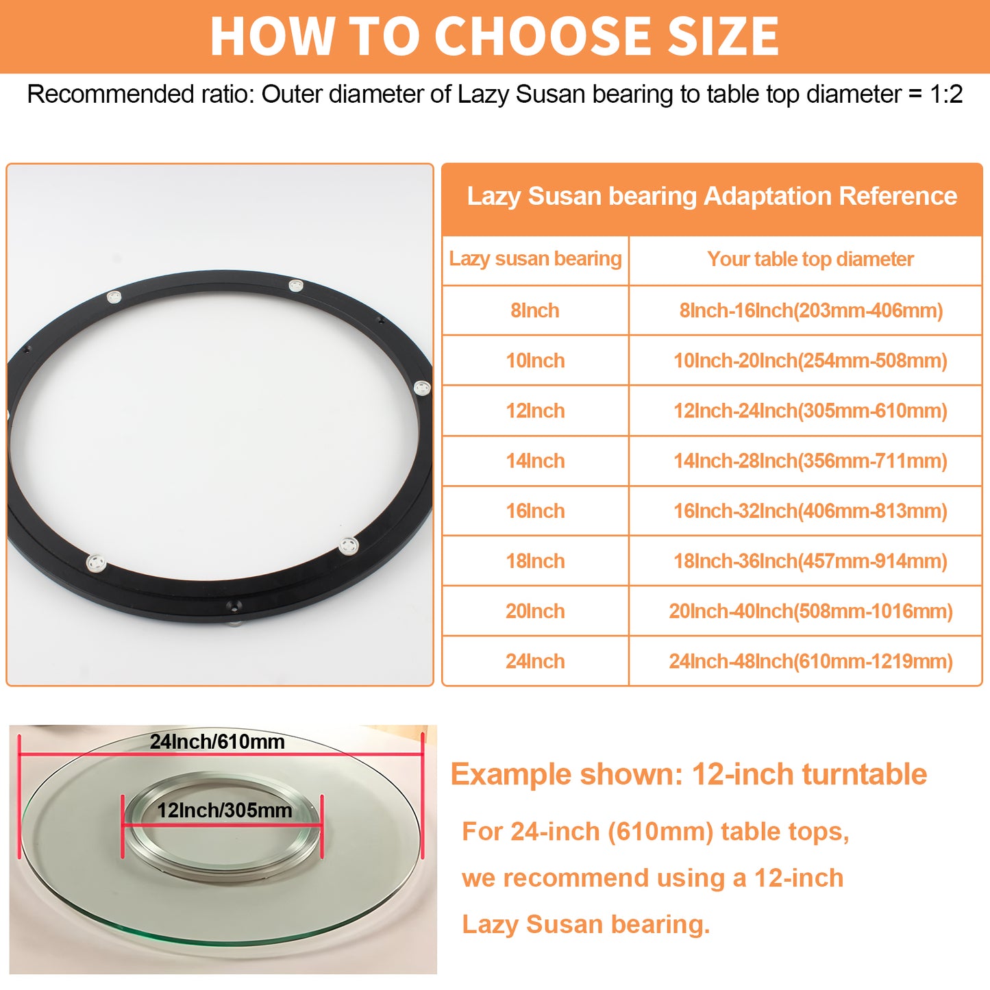 TamBee 24 Inch Lazy Susan Hardware 600 lbs Load Capacity Heavy Duty Turntable Bearing Large Lazy Susan Parts Kit Rotating Ring Mechanism for Dining Tables, Woodworking(Base Only, Black)