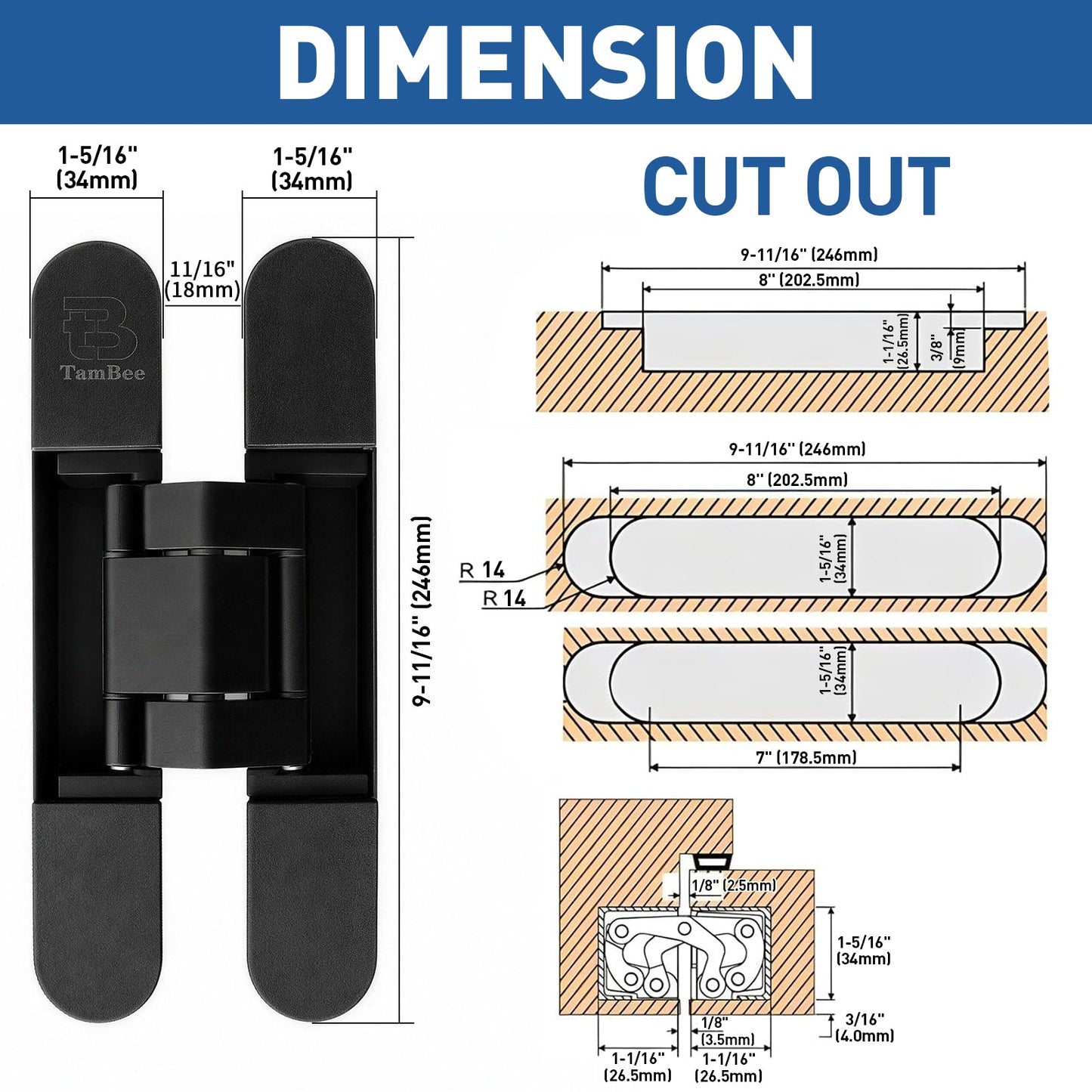 Hidden Door Hinge · 9.7" · Black - TamBee