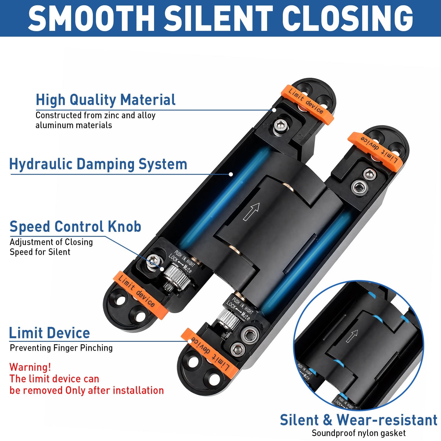 Self Close Hidden Door Hinge · 7" · Black Includes Mortising Kit - TamBee