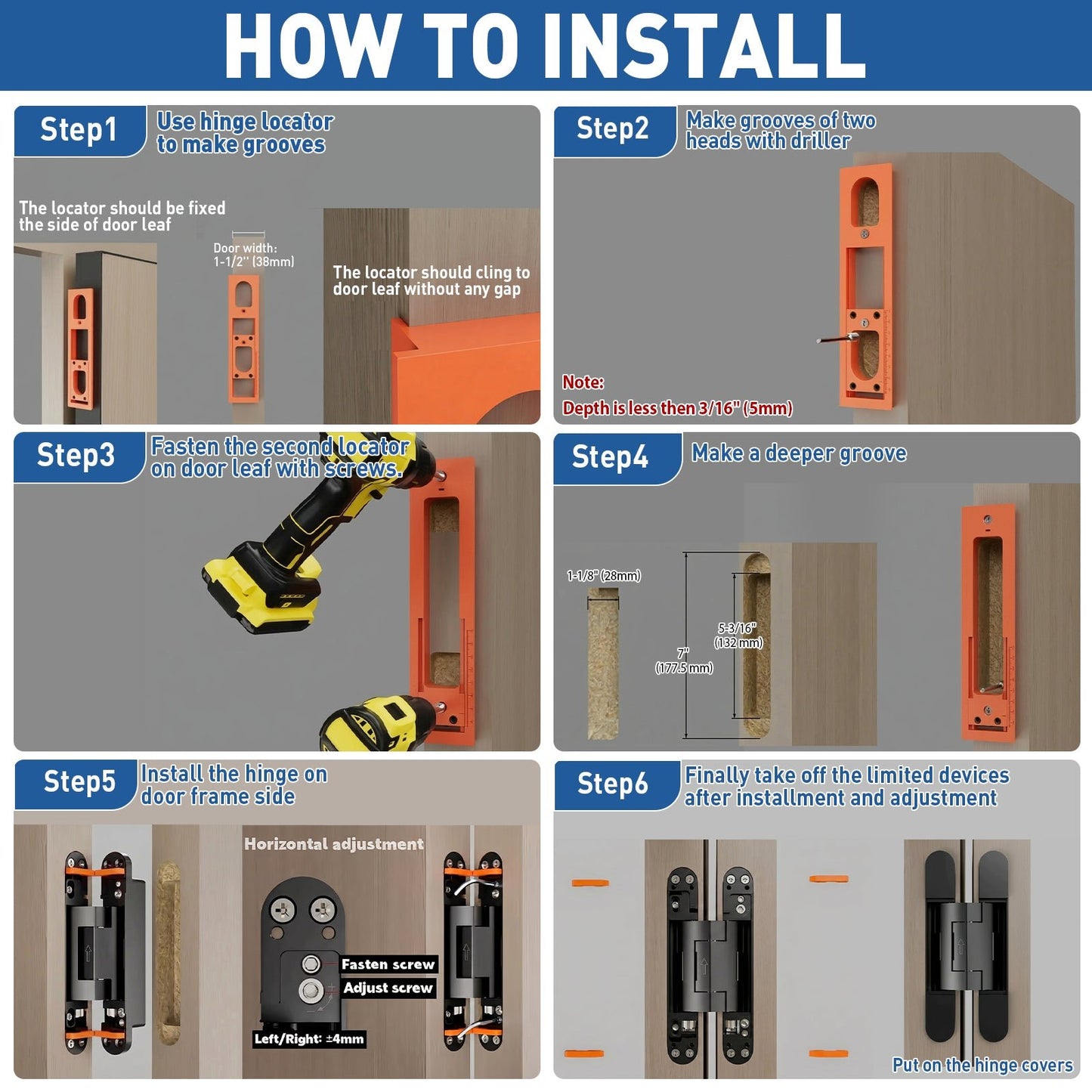 Self Close Hidden Door Hinge · 7" · Black Includes Mortising Kit - TamBee