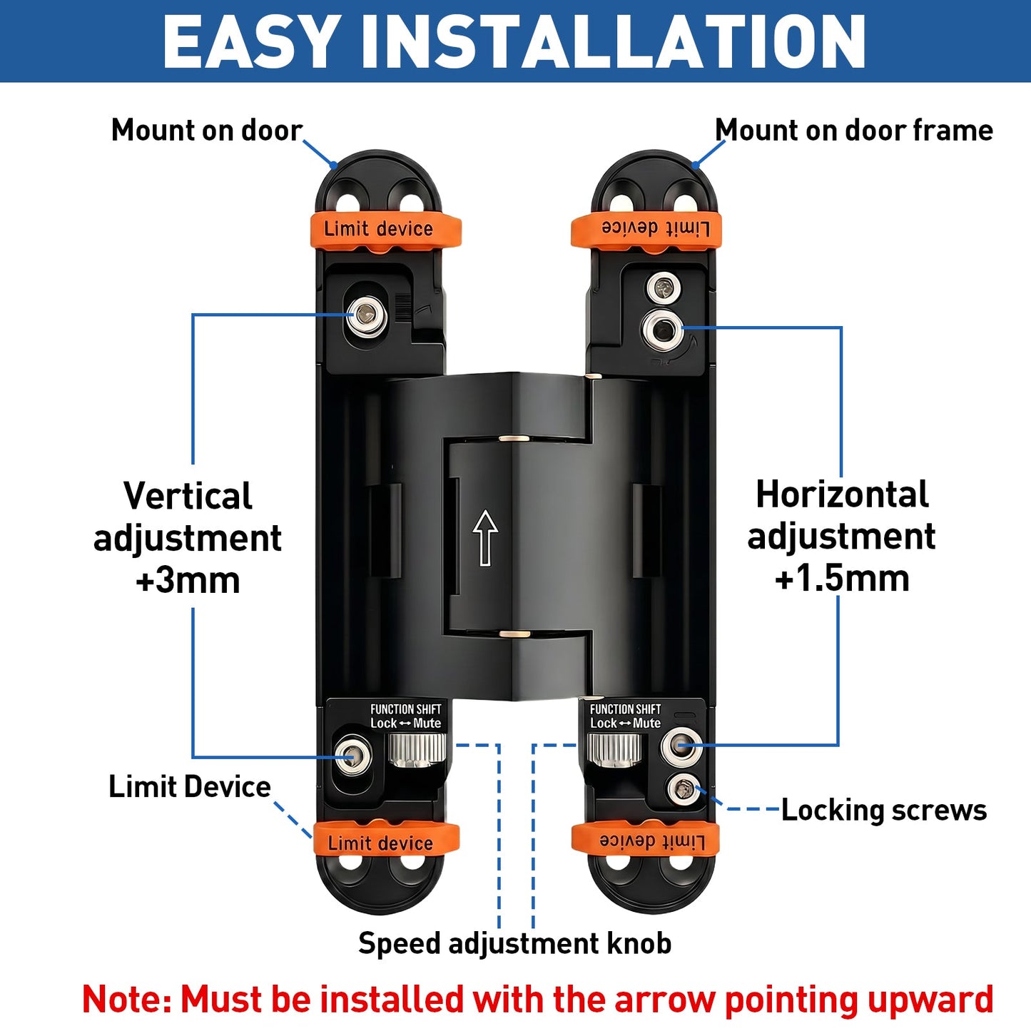Self Close Hidden Door Hinge · 7" · Black Includes Mortising Kit - TamBee