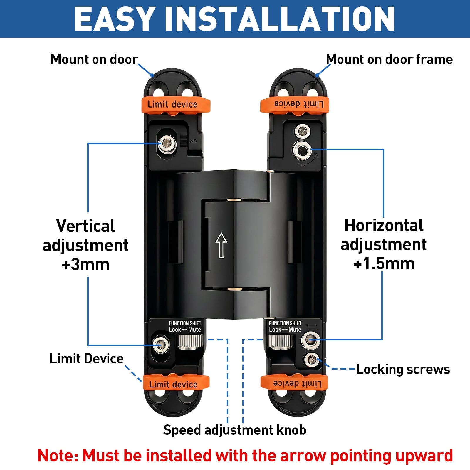 Self Close Hidden Door Hinge · 7" · Black Includes Mortising Kit - TamBee