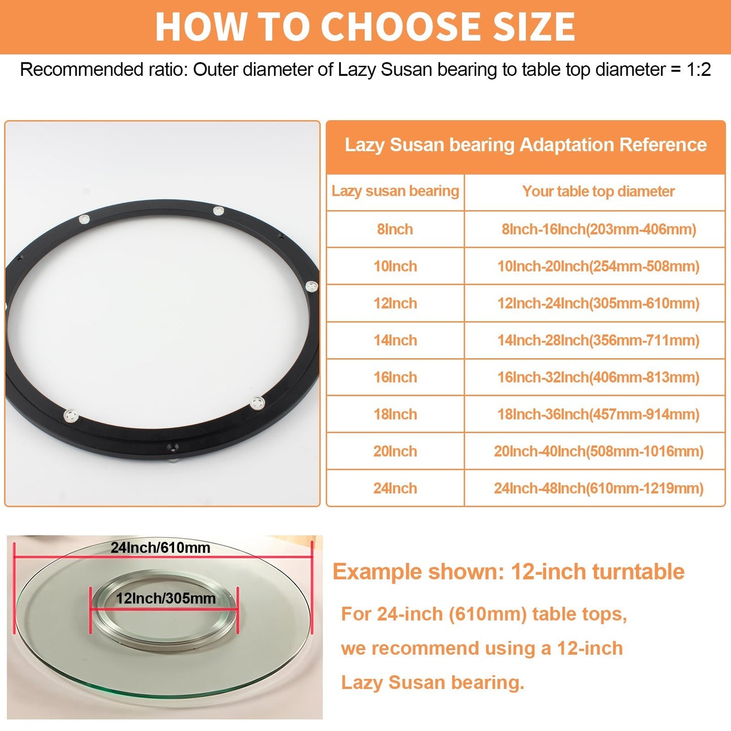 TamBee 12 Inch Lazy Susan Hardware Heavy Duty Metal Rotating Hardware Turntable Bearing Ring 300mm Turntable Lazy Susan Parts Mechanism for Cabinets,Table Top and Craft (Base Only, Black) - TamBee