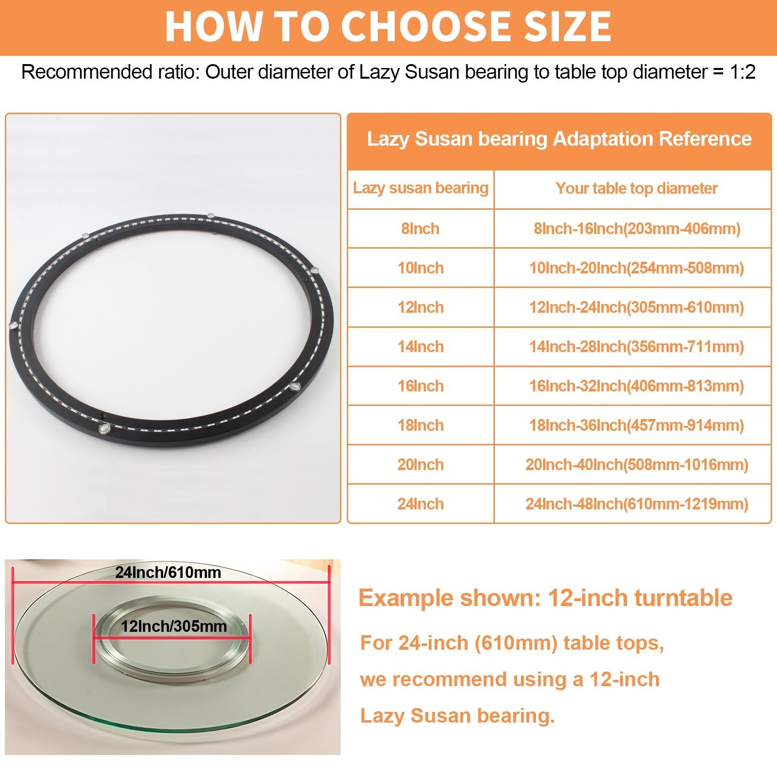 TamBee 24 Inch Lazy Susan Hardware Mute Turntable Bearing 600 lbs Load Capacity Heavy Duty Lazy Susan Parts Kit Rotating Ring Mechanism for Dining Tables, Woodworking(Base Only, Black) - TamBee