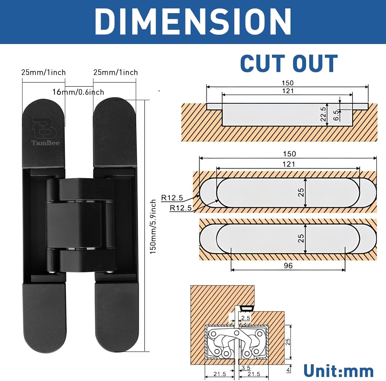 TamBee 6inch Hidden Door Hinges for Secret Door Black - TamBee