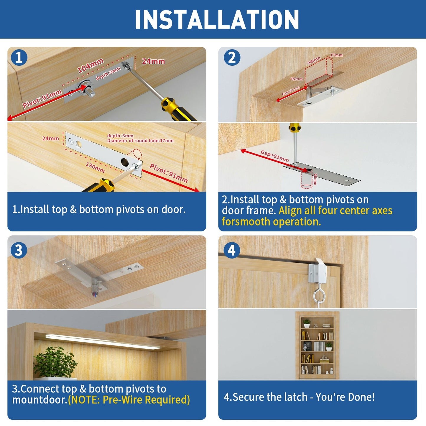 TamBee Heavy Duty Pivot Hinge, Hidden Door Hardware with Wire - Through Center Hole, 300lb Load 304 Stainless Steel with Spring Latch Lock for Hidden Bookcase Door, Secret Door, Smart Lighting - TamBee