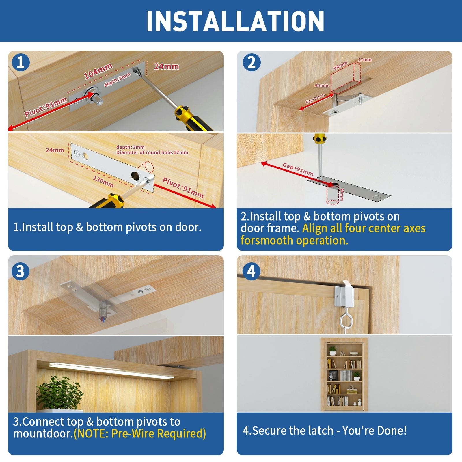 TamBee Heavy Duty Pivot Hinge, Hidden Door Hardware with Wire - Through Center Hole, 300lb Load 304 Stainless Steel with Spring Latch Lock for Hidden Bookcase Door, Secret Door, Smart Lighting - TamBee