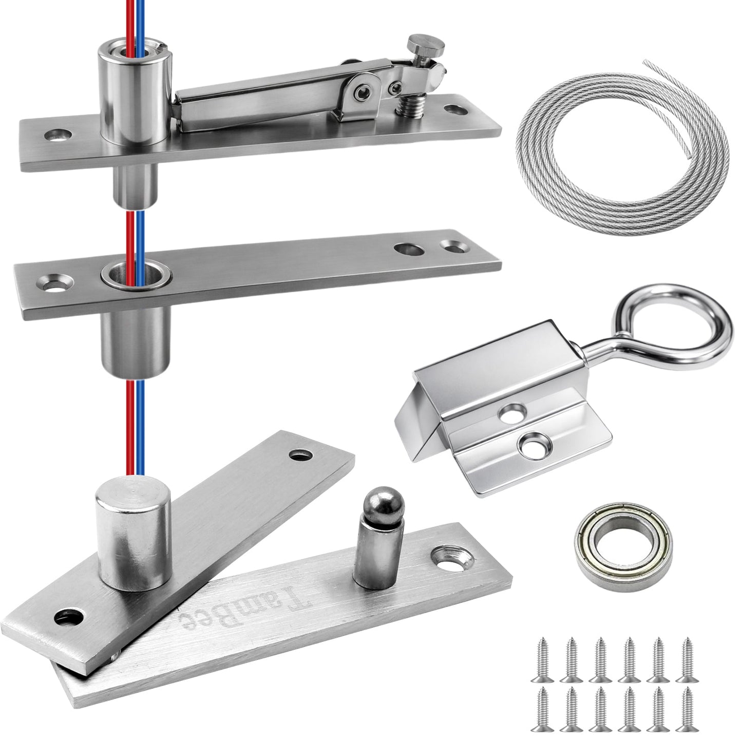TamBee Heavy Duty Pivot Hinge, Hidden Door Hardware with Wire - Through Center Hole, 300lb Load 304 Stainless Steel with Spring Latch Lock for Hidden Bookcase Door, Secret Door, Smart Lighting - TamBee