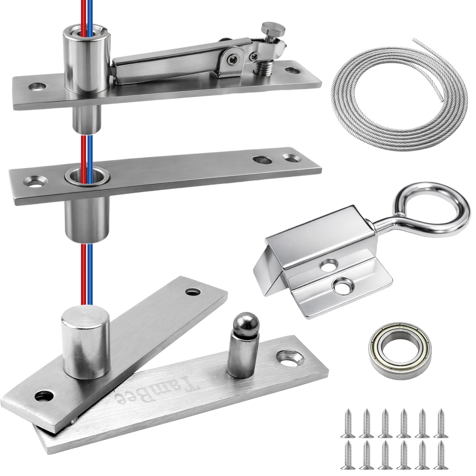 TamBee Heavy Duty Pivot Hinge, Hidden Door Hardware with Wire - Through Center Hole, 300lb Load 304 Stainless Steel with Spring Latch Lock for Hidden Bookcase Door, Secret Door, Smart Lighting - TamBee
