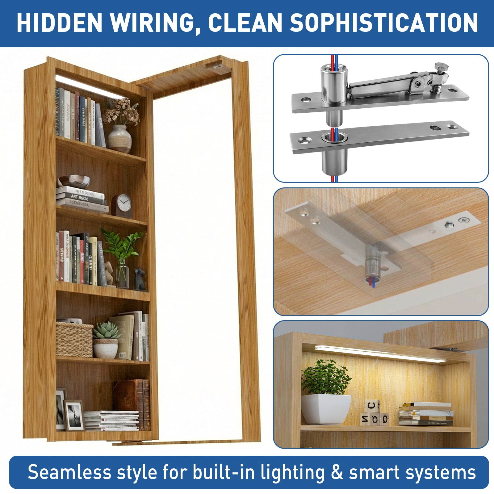 TamBee Heavy Duty Pivot Hinge, Hidden Door Hardware with Wire - Through Center Hole, 300lb Load 304 Stainless Steel with Spring Latch Lock for Hidden Bookcase Door, Secret Door, Smart Lighting - TamBee