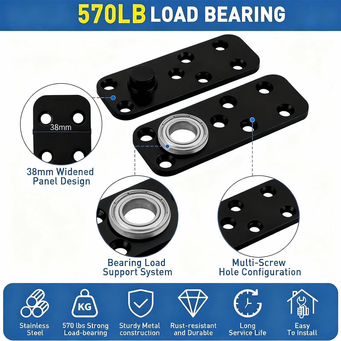 TamBee Heavy Duty Pivot Hinge Hidden Door Hinge - 570 lbs Load, Bearing, Stainless Steel, Rust Resistant, Concealed for Wood Doors, Secret Doors, Hidden Door, Bookcase Door and Bookshelf Door Black - TamBee