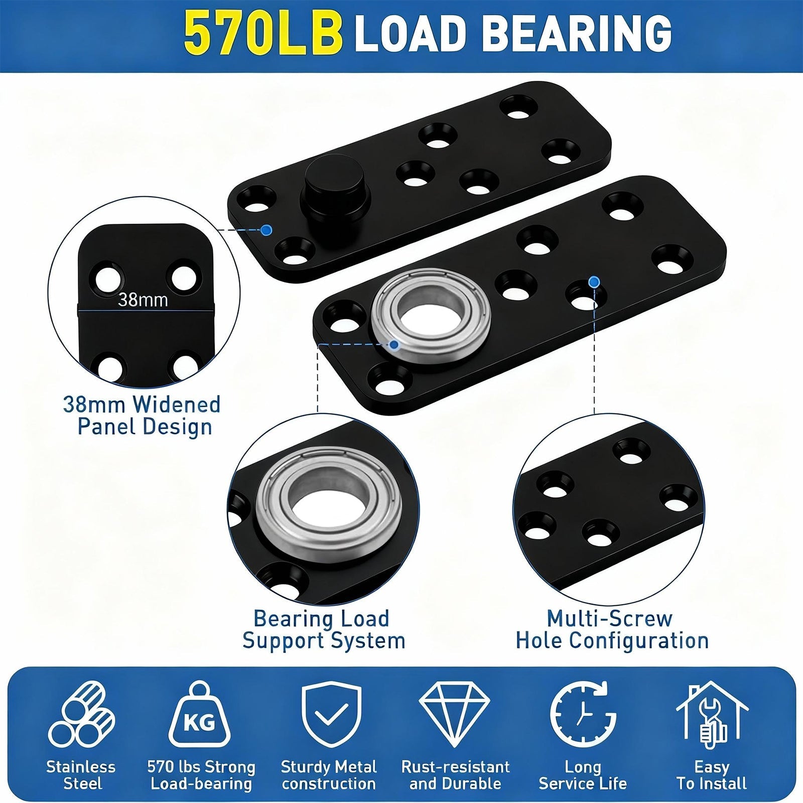 TamBee Heavy Duty Pivot Hinge Hidden Door Hinge - 570 lbs Load, Bearing, Stainless Steel, Rust Resistant, Concealed for Wood Doors, Secret Doors, Hidden Door, Bookcase Door and Bookshelf Door Black - TamBee