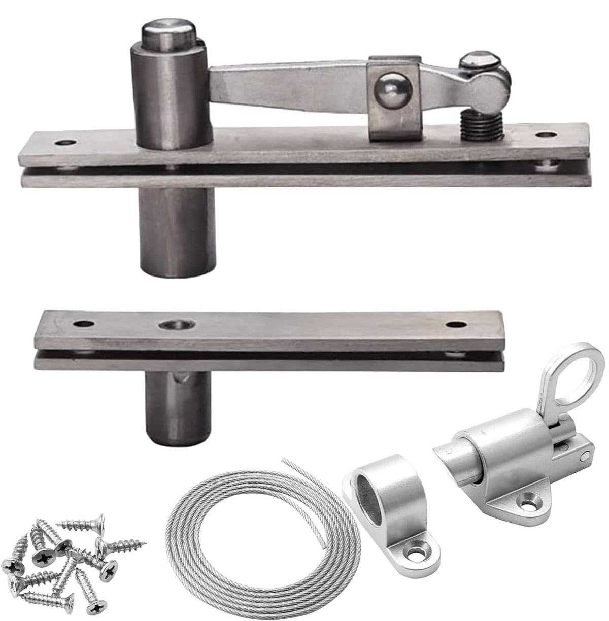 Hidden bookcase hinge kit laid out on a white background