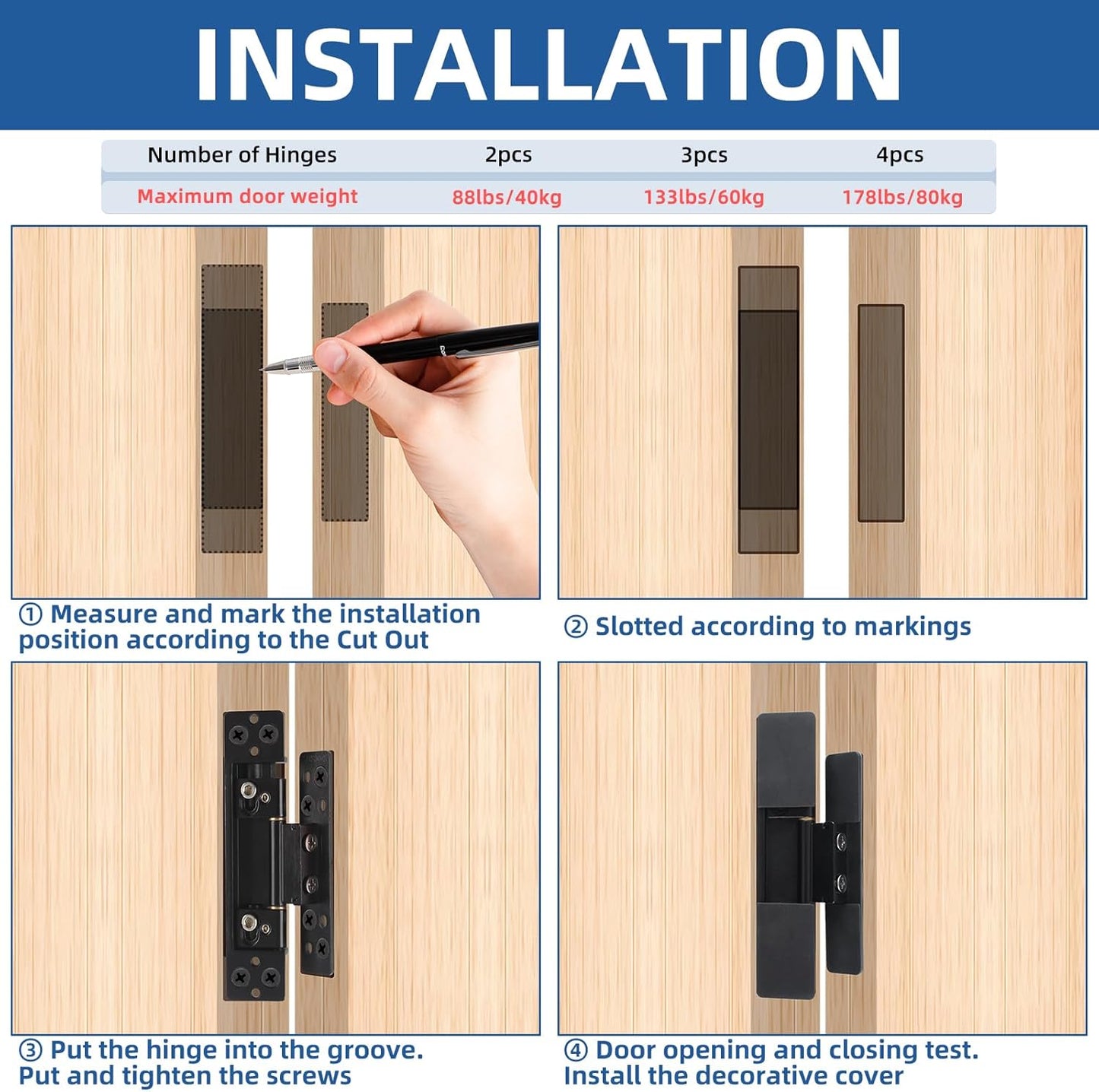 TamBee Hidden Door Hinges 5 inch, 304 Stainless Steel, Heavy Duty Invisible Hinges, Silent 110° Opening, 88 Lb Load Capacity, Ultra - Thin 3D Adjustable Concealed Hinges for Secret Doors (2pcs) - TamBee