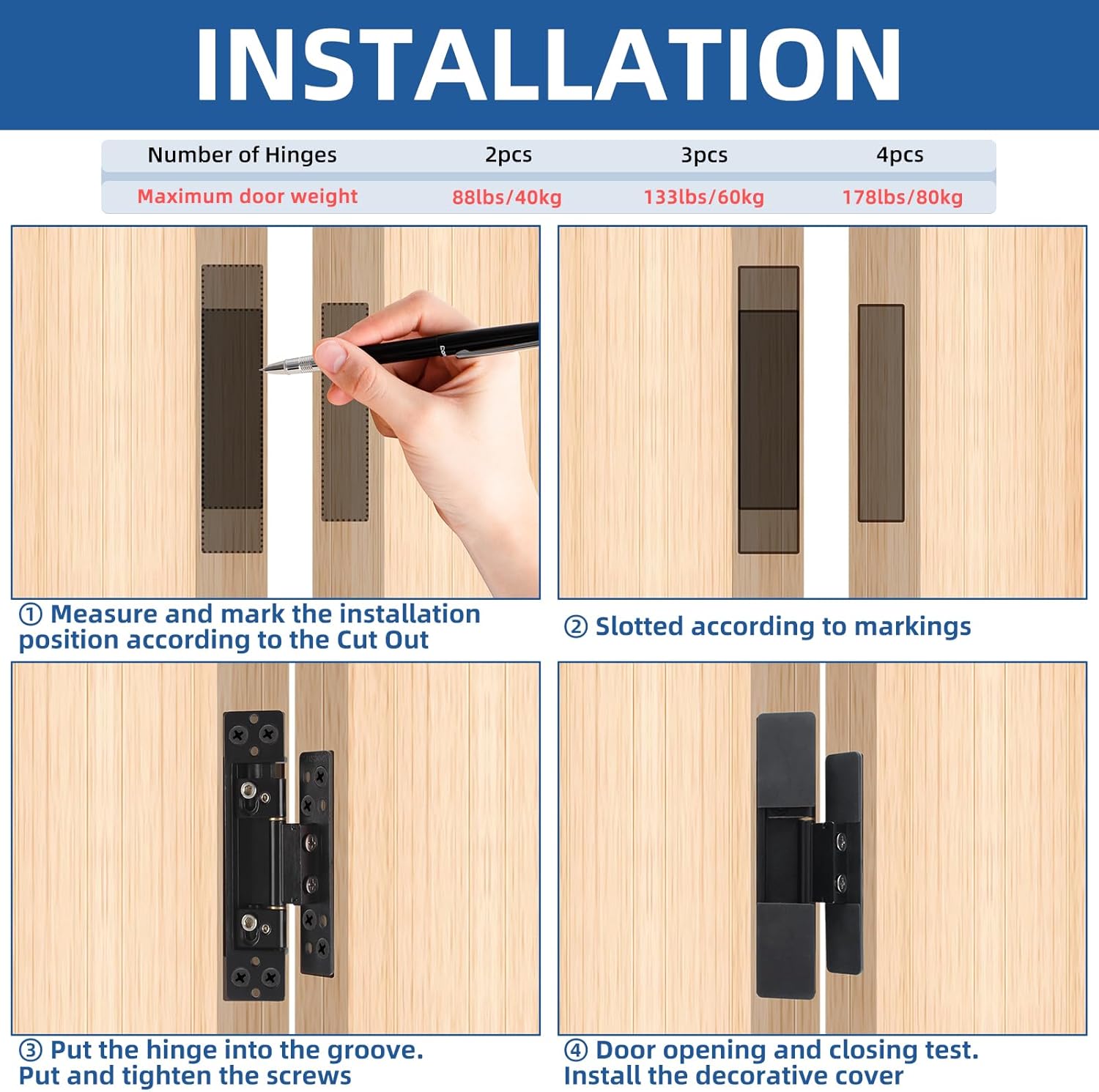 TamBee Hidden Door Hinges 5 inch, 304 Stainless Steel, Heavy Duty Invisible Hinges, Silent 110° Opening, 88 Lb Load Capacity, Ultra - Thin 3D Adjustable Concealed Hinges for Secret Doors (2pcs) - TamBee