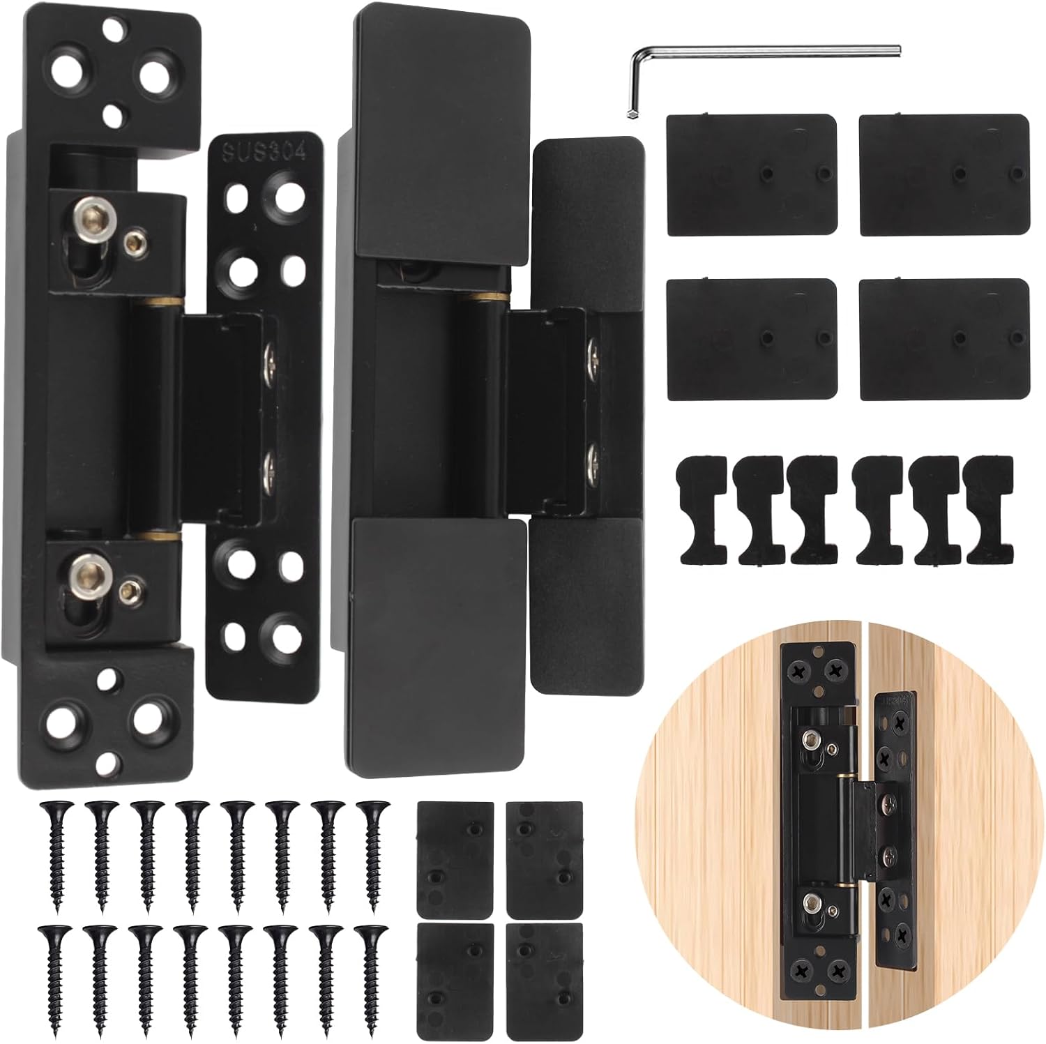 TamBee Hidden Door Hinges 5 inch, 304 Stainless Steel, Heavy Duty Invisible Hinges, Silent 110° Opening, 88 Lb Load Capacity, Ultra - Thin 3D Adjustable Concealed Hinges for Secret Doors (2pcs) - TamBee