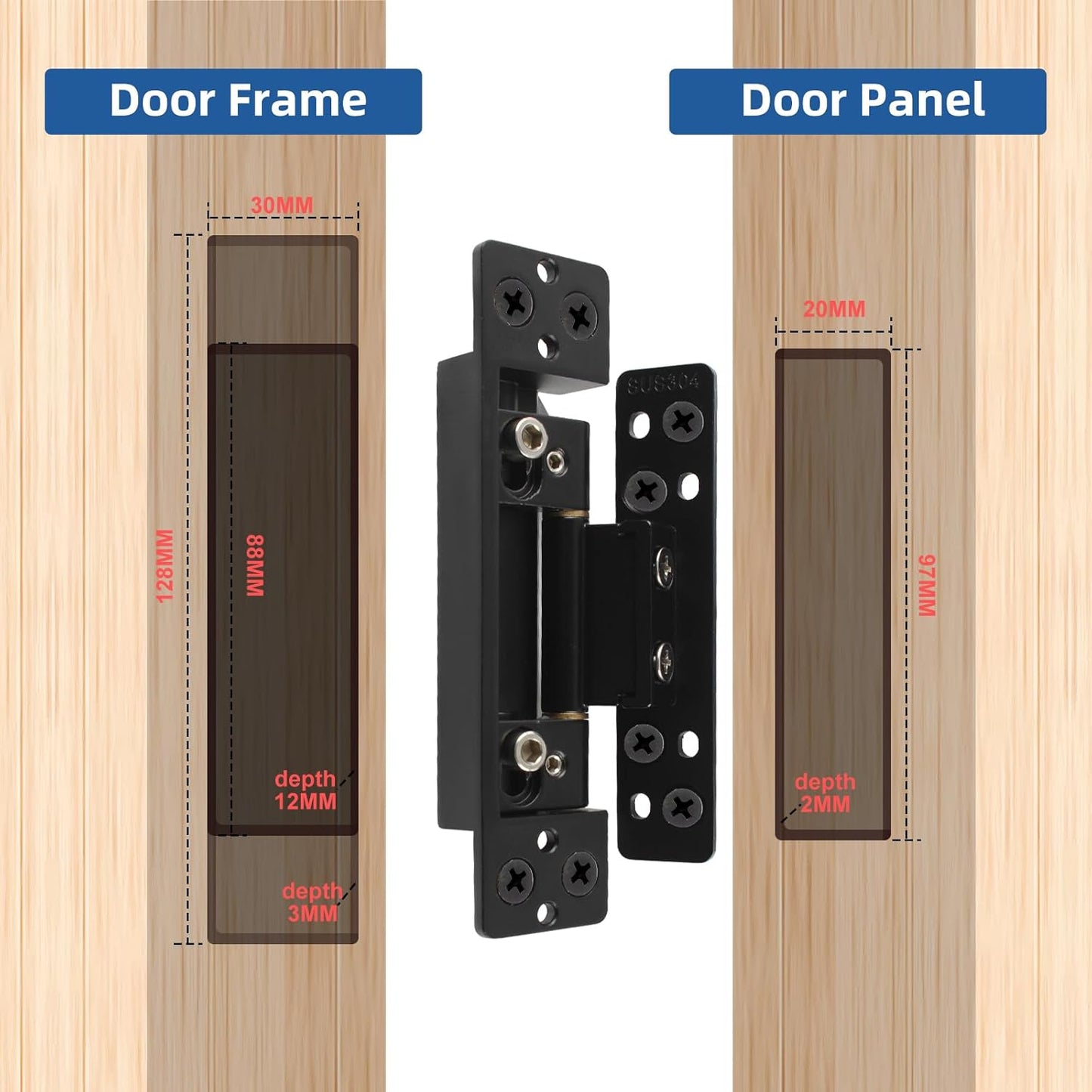 TamBee Hidden Door Hinges 5 inch, 304 Stainless Steel, Heavy Duty Invisible Hinges, Silent 110° Opening, 88 Lb Load Capacity, Ultra - Thin 3D Adjustable Concealed Hinges for Secret Doors (2pcs) - TamBee