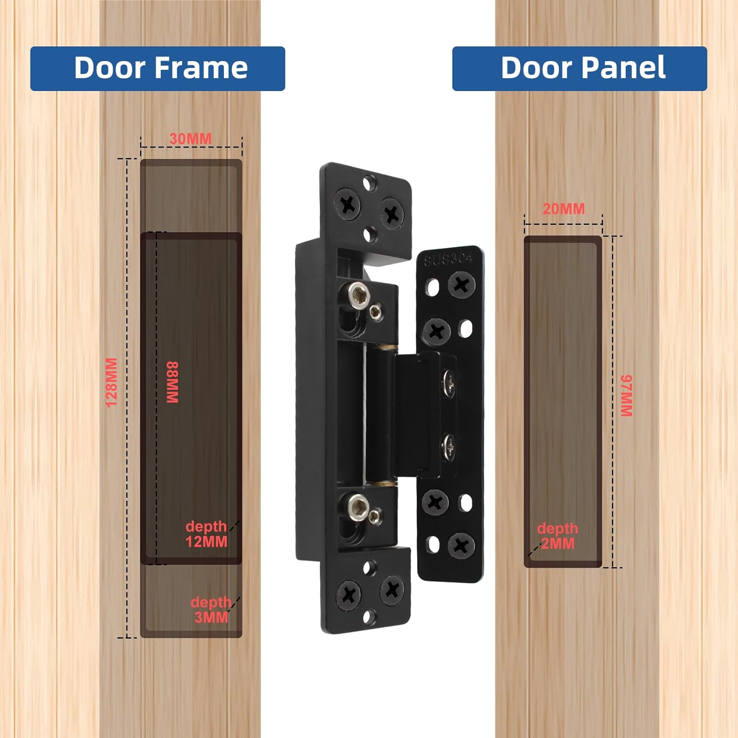 TamBee Hidden Door Hinges 5 inch, 304 Stainless Steel, Heavy Duty Invisible Hinges, Silent 110° Opening, 88 Lb Load Capacity, Ultra - Thin 3D Adjustable Concealed Hinges for Secret Doors (2pcs) - TamBee