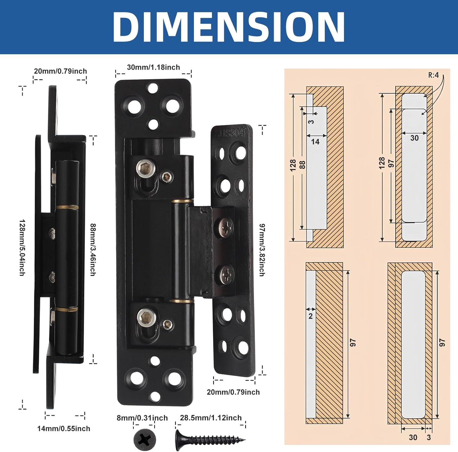 TamBee Hidden Door Hinges 5 inch, 304 Stainless Steel, Heavy Duty Invisible Hinges, Silent 110° Opening, 88 Lb Load Capacity, Ultra - Thin 3D Adjustable Concealed Hinges for Secret Doors (2pcs) - TamBee
