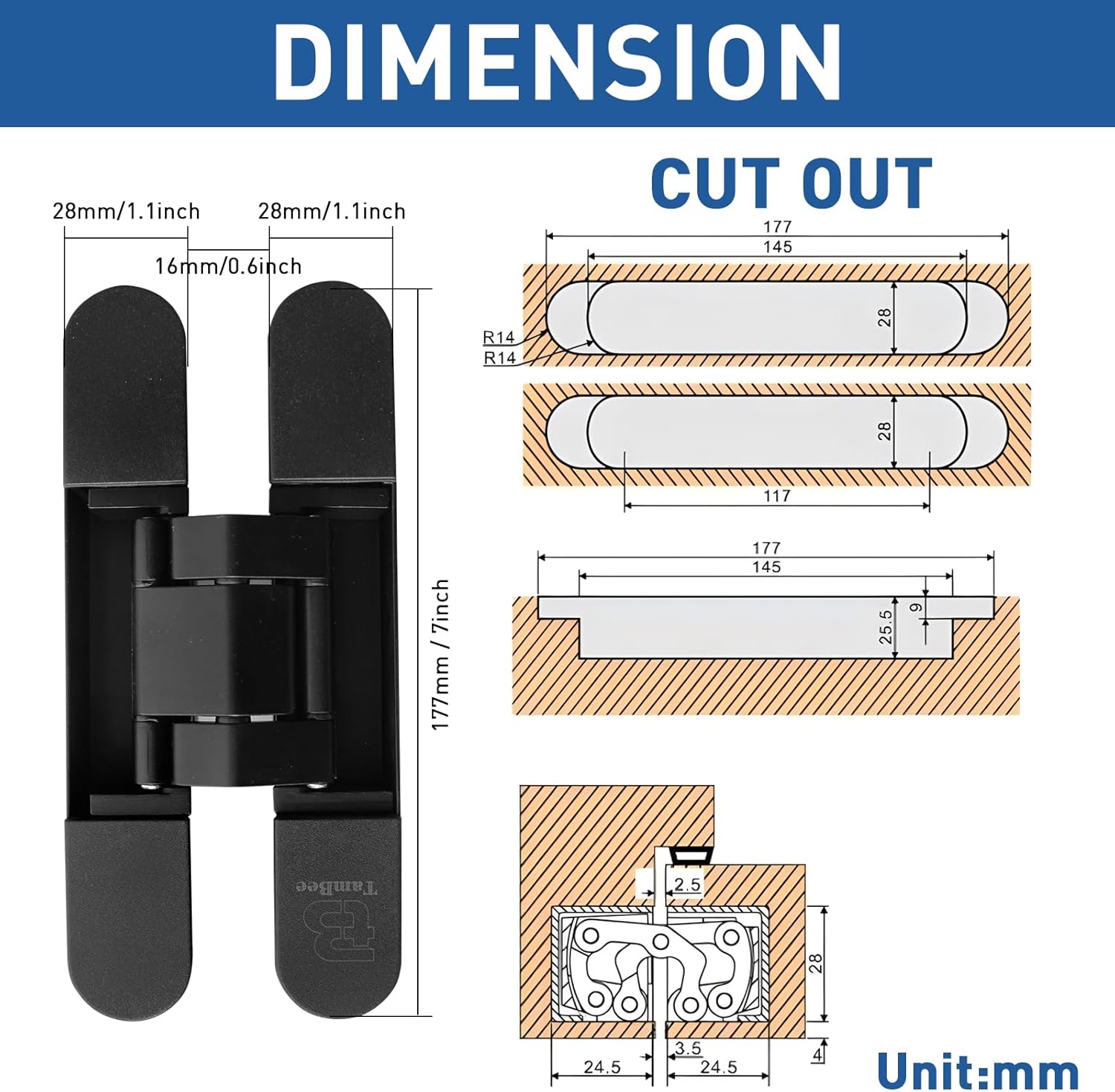 TamBee Hidden Door Hinges for Secret Door 7inch Black - TamBee