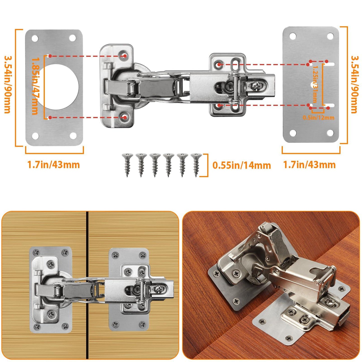 TamBee Lazy Susan Cabinet Hinge Corner Cabinet Hinge Bifold 175 Degree Cabinet Door Hinge Frameless 1 Pair (Full Overlay) with Repair Fixing Plates Kit - TamBee