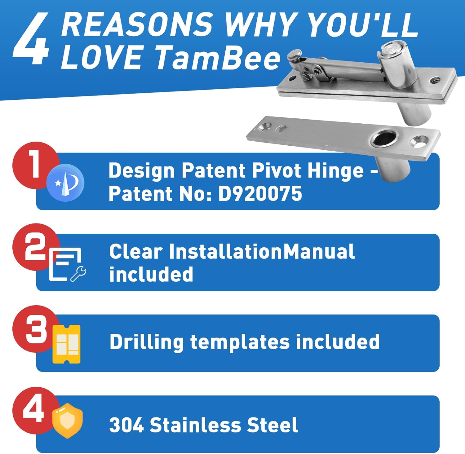 TamBee Pivot Door Hinge Hidden Door Hinges for Secret Door 304 Stainless Steel Hidden Bookcase Hinges with Door Ball Catch 136KG Load - Bearing - TamBee